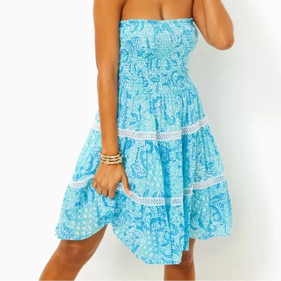 Lilly Pulitzer Kelvina Blue Strapless Smocked Bodice Dress with Ruffled Tiers  L - Picture 2 of 13